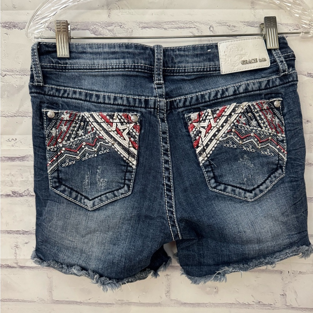 Grace In LA Easy Fit Cut Off Blue Jean Shorts Size 28 Stretch Stars Bling Red